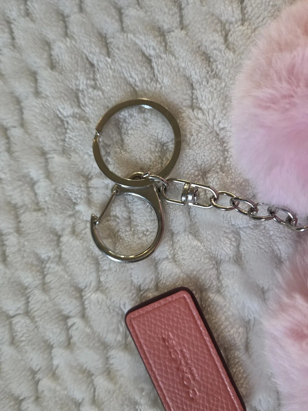 Coach Pink Hang Tag And Furry Pink Heart Keychain Set.